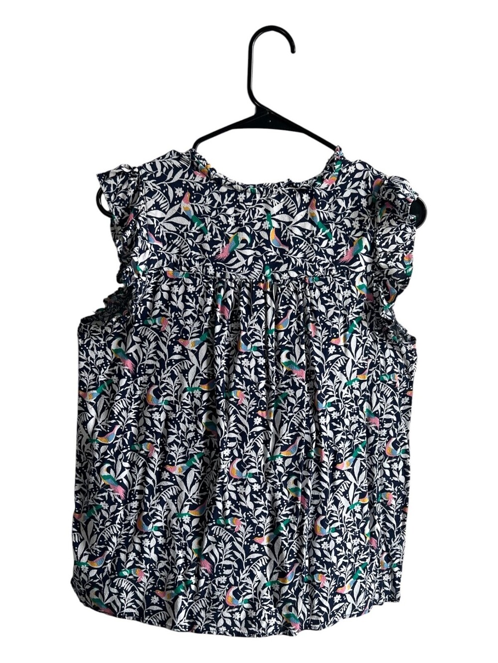 LOFT - Navy Tropical Bird Floral Ruffle Sleeveless Blouse - M - Picture 3 of 8